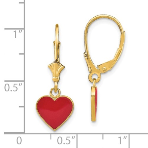 14k Yellow Gold Red Enamel Heart Leverback Dangle Drop Earrings, 26mm x 9mm - Picture 3 of 4